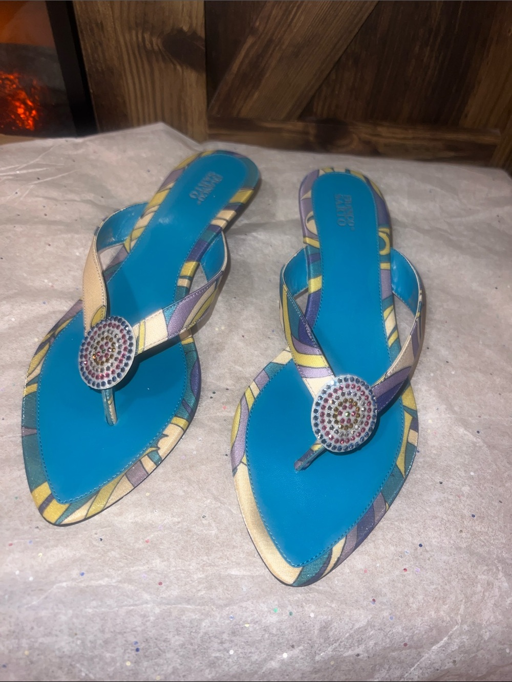 Franco Sarto Turquoise Multicolor Jeweled Thong Sandals